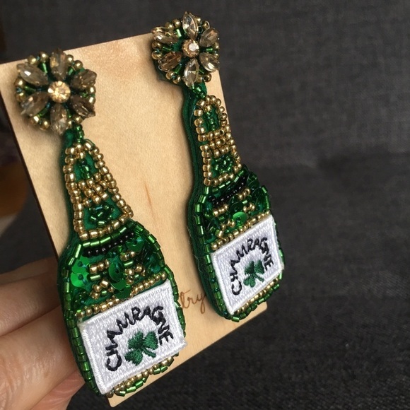 Felt Fabric Rhinestone & Sequin Champagne Bottle Shamrock Earrings, Green, Gold - Picture 10 of 16